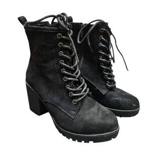Zigi soho Kourtlan Blck Lace Up Side Zip Chunky Heel Faux Suede Combat Boots Sz6